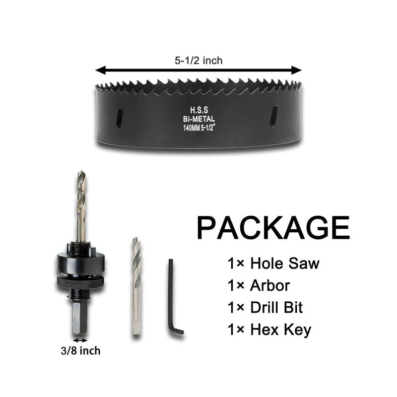 VIKITON 5-1/2 Inch Hole Saw with Arbor for Wood Metal Plastic, 5.5 in Bimetal Hole Cutter, Fast Chip Removal, Smooth Flat Drilling Edge, Lightweight & Portable (Black) - Image 3